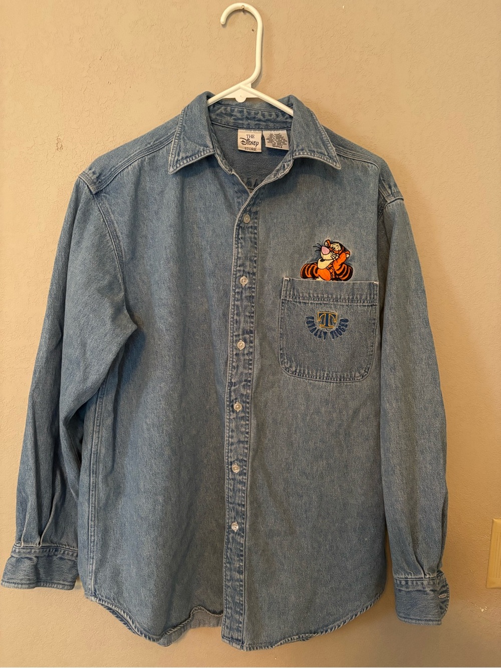 Disney Light Blue Denim Button-Down Shirt with Tigger Pocket Embroidery - Picture 2 of 9